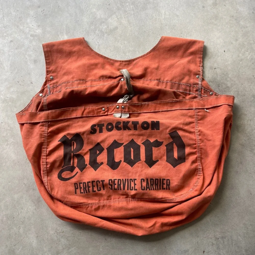 Vintage Stockton Record Newspaper Delivery Double Mail Bag Canvas Apron Carrier